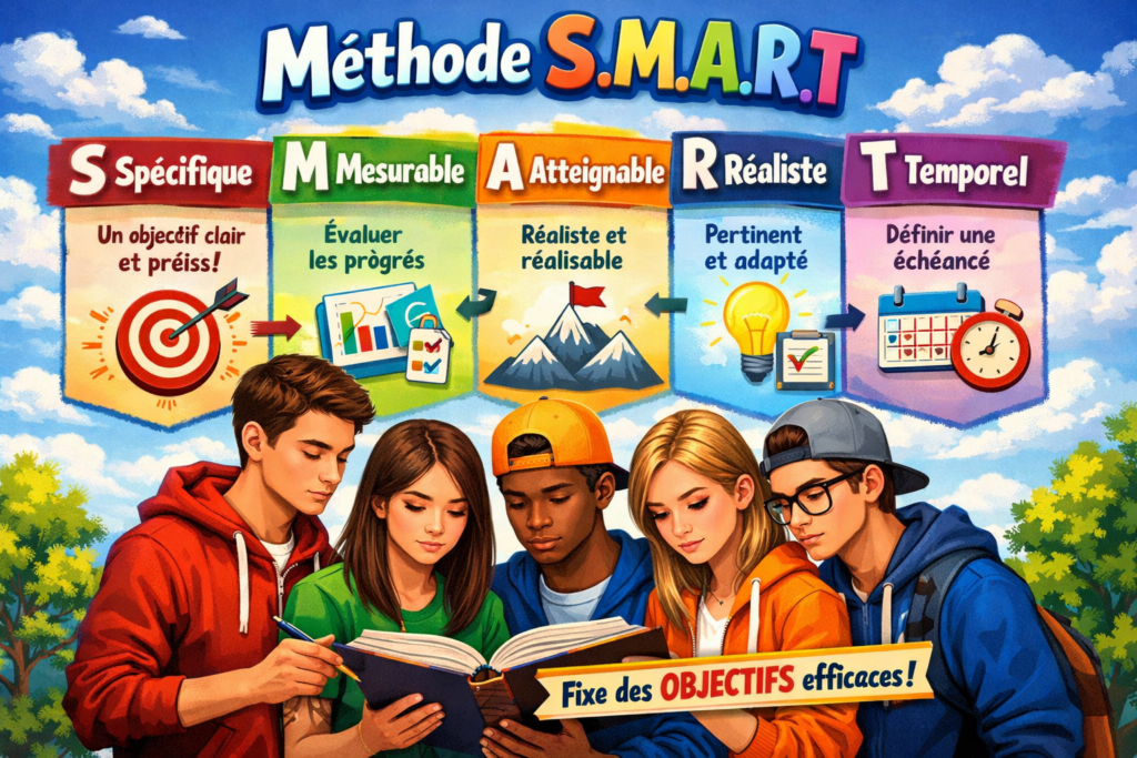 Five young people reading a book with SMART goal-setting method principles above them in French.
